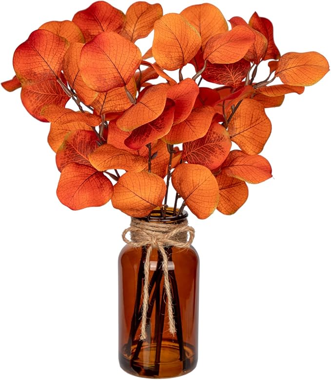 Briful Artificial Eucalyptus Stems in Amber Glass Vase with Faux Water, 14" Fake Fall Plant Autumn Eucalyptus Leaves for Home Farmhouse Wedding Centerpiece Bathroom Décor