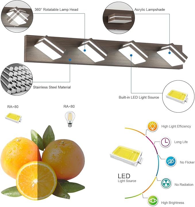 SineRise LED Modern Bathroom Vanity Light Fixtures (4-Light, 30-Inch), Brown Wood Painted Modern Acrylic Bathroom Wall Lighting Fixtures Over Mirror (Cool White 6000K)