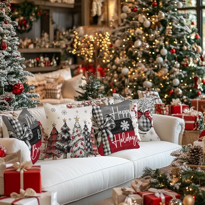 GEEORY Christmas Throw Pillow Covers 18 x 18 Inch Set of 4, Xmas Trees Merry and Bright Happy Holidays Farmhouse Decorative Cushion Cases for Home Decoration G418N-18