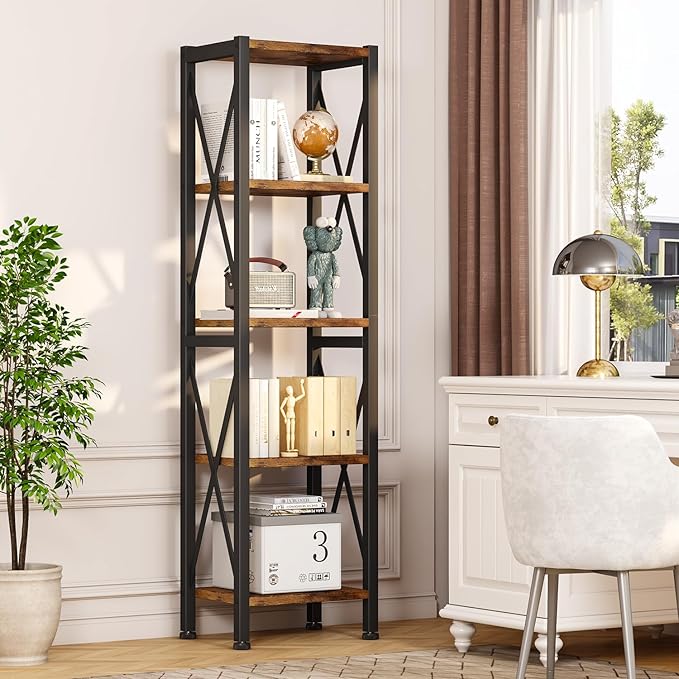 Homeiju 5-Tier Narrow Bookshelf, Ladder Bookshelf, Tall Bookshelf for Bedroom with Open Shelves, Office Bookshelf, Industrial Standing Bookshelf for Bedroom, Living Room and Home Office