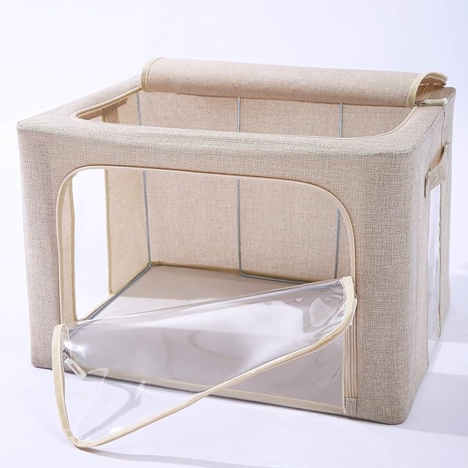 3Pack Foldable Storage Bins - Frame Storage Box Linen Fabric Stackable Clothes Container Organizer with Clear Window & Carry Handles Large Capacity (Large-66L, Beige)