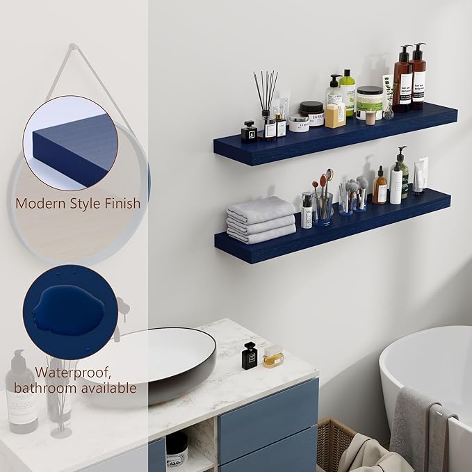 Dark Blue Floating Shelves 36 Inch, Solid Wooden Wall Shelves Set of 2, Rustic Floating Wall Shelves for Decor & Storage for Living Room Bedroom Bathroom