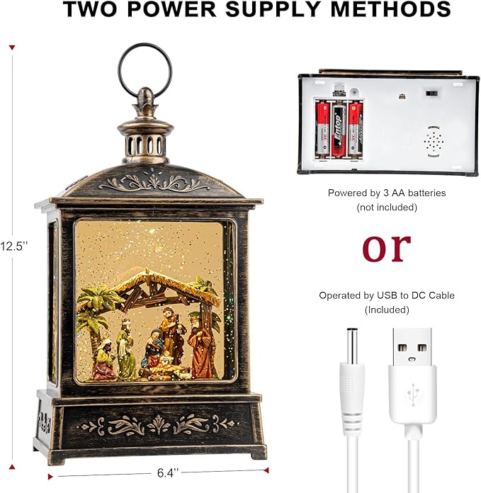 Christmas Snow Globe Glittering Nativity Scene with Music & Timer, USB Lined/Battery Operated Lighted Water Lantern for Christmas Festival Decoration Gifts