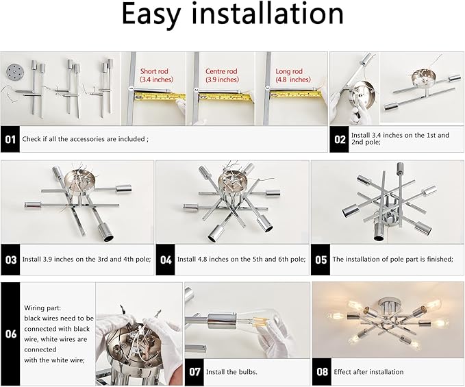 ASGYISA 6-Lights Semi Flush Mount Ceiling Light Fixture Modern Chrome Matte Sputnik Chandelier Farmhouse Ceiling Lighting for Kitchen Bedroom Dining Room Living Room