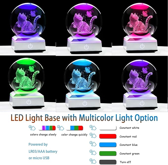 3D Cat Themed Gifts for Women, Mom - 3.15in Crystal Ball Engraved Cat Butterflies with LED Light Base - Mother's Day Birthday Cat Night Light Figurine for Home Decor