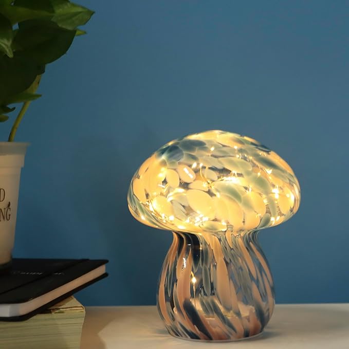 Small Glass Mushroom Table Lamp Night Light Bedside Desk Lamp for Bedroom Nightstand Light -Blue