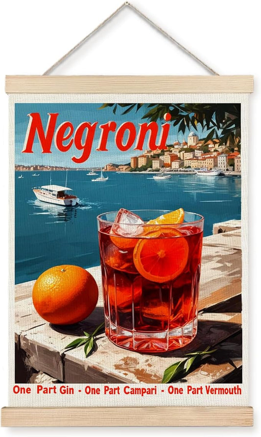 Yomisex Classic Negroni Cocktail Wall Art Poster, Vintage Italian Orange Alcohol Mediterranean Coastal Seaside Canvas Prints Wall Art Framed for Bar Pub Restaurant Decor, 12x16 Inch