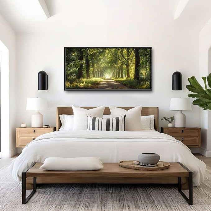 Framed Large Wall Art for Living Room, Forest Tree Canvas Wall Decor, Green Tree Pictures Painting, Modern Landscape Artwork for Bedroom Office 60L'' × 30W''