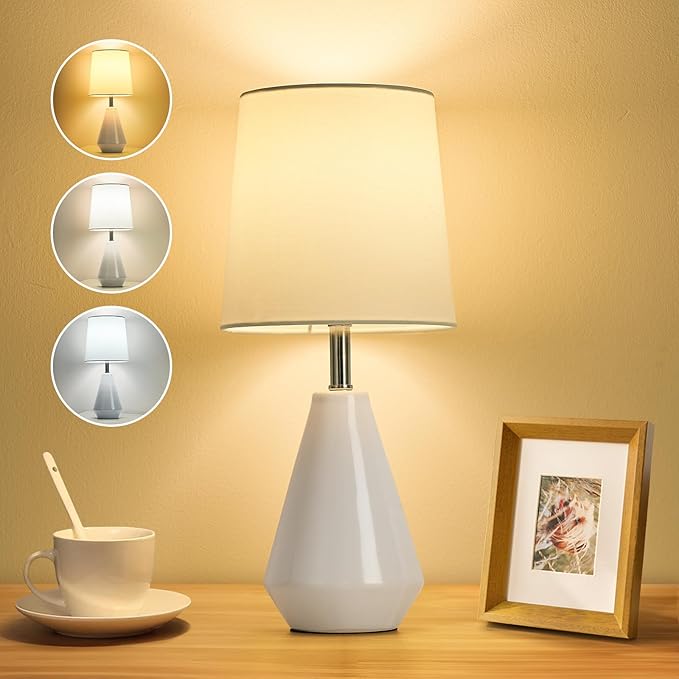 Small Bedside Table Lamp for Bedroom - Reading Desk Lamp with 3 Color Temperatures，15.5" Nightstand Ceramic Lamp with Fabric Shade for Kids Room,Living Room,Dorm,Home Office (White)