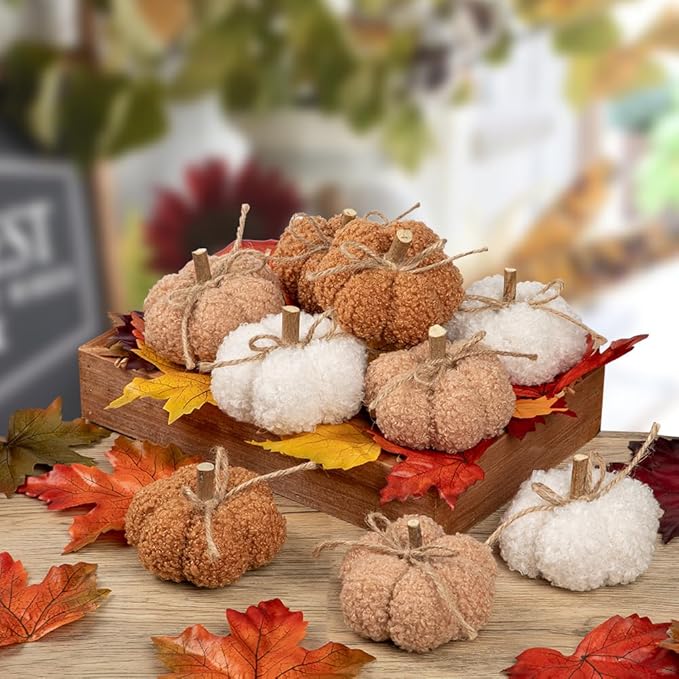 Fall Pumpkin Decorations for Home, 9 Pcs Artificial Mini Fabric Pumpkins Autumn Decor, Fake Pumpkins for Decorating, Fall Wedding Table Centerpiece Mantel Decor, Thanksgiving Halloween Decor Indoor