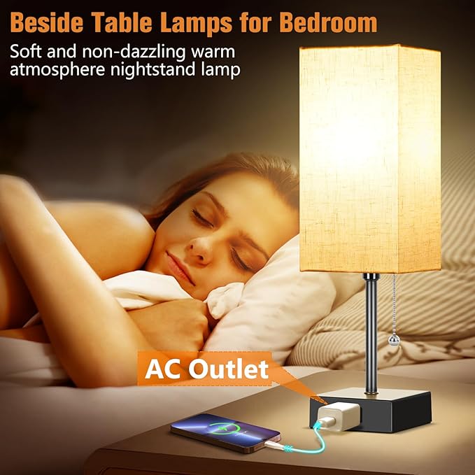 Table Lamp for Bedroom Set of 2, Bedside Lamps with 3 Color Temperatures Night Light, Lamp for Night Stands with AC Outlet and Square Shade, Pull Chain Small Desk Lamp for Living Room Home Decor