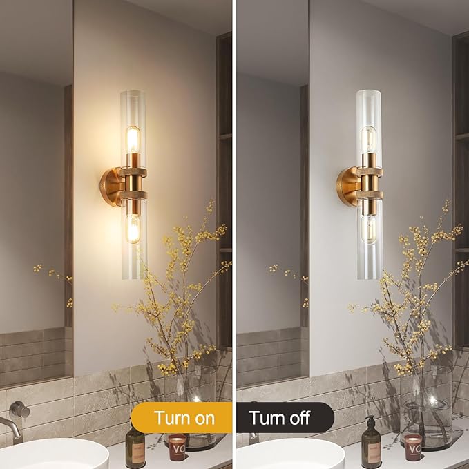 E26 Brushed Brass 2 Light Vanity Lights, Farmhouse Gold Modern Bathroom Wall Lamps with Glass Shade