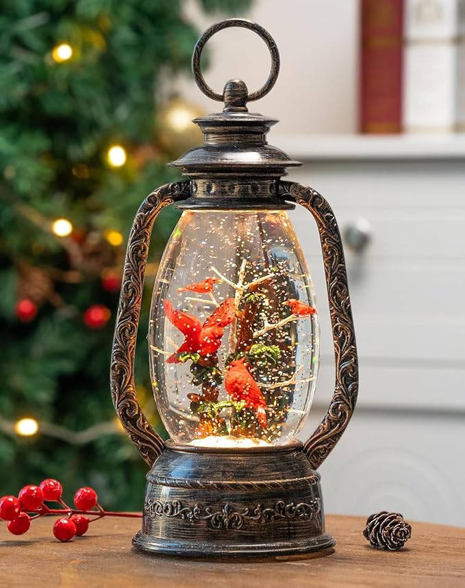 12'' Lighted Cardinals Snow Globe Lantern, Music Water Lantern with Swirling Glitter Decoration for Christmas Home, Living Room, Battery Operated or USB Powered