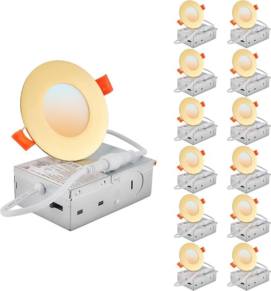 DLLT LED Recessed Ceiling Lights: 12 Pack 3 Inch 5CCT Ultra-Thin Lighting with Junction Box for Bedroom - 600LM Brightness 6W Eqv 50W Dimmable Canless Wafer Downlight with ETL&FCC-Gold