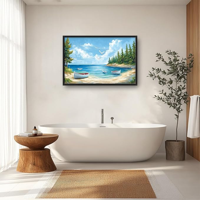 Framed Large Wall Art for Living Room, Beach Boat Canvas Wall Decor, Large Coast Sailboat Picture Framed Painting, Modern Artwork for Bedroom Office 36L'' × 24W''