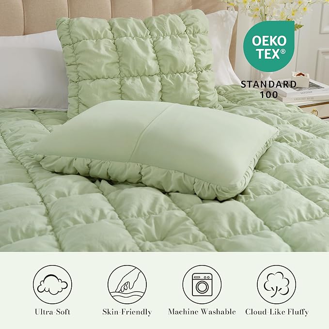 Amelie Home Sage Green Bubble Comforter Set Twin, 2 Pieces Ultra Soft Cozy Bedding Set for All Seasons, Farmhouse Luxury Gift for Women Home Decor, 68 x 90 inches
