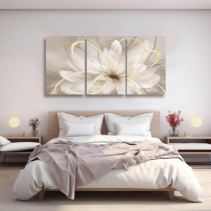 Kureful White Floral Wall Art Maximalist Decor 16"x 24"x 3 Pieces Flower Canvas Painting Wall Decor Gold Picture for Living Room Bedroom Home Decor