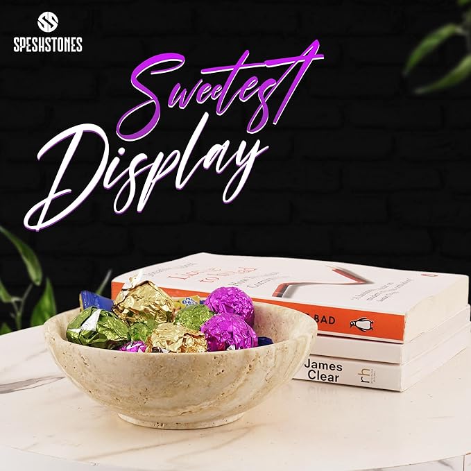 Marble Fruit Bowl 6 Inch Handmade Travertine Small Decorative Bowls For Kitchen Counter & Dining Table Centerpieces - Key Bowl for Entryway, Candy Bowl & Candle Dish for Home Decor