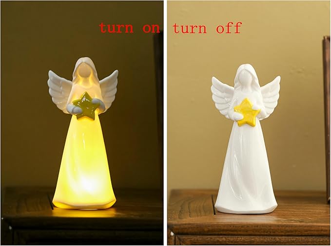ADAVAS.Y&G Porcelain Angel Hold Star Collectible Figurines Guardian Angel Statue Lighted up Angel Night Light Angel lamp with DIY Bible Verse Do not Fear for I am with You 7inch High