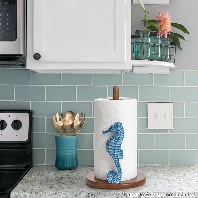 Seahorse Paper Towel Holder - Beach House Decor Unique Coastal Decor Seahorse Gifts for Women, Funny Cute Paper Towel Holder Stand Wood Kitchen Countertop Bathroom Decor Blue Coastal Kitchen
