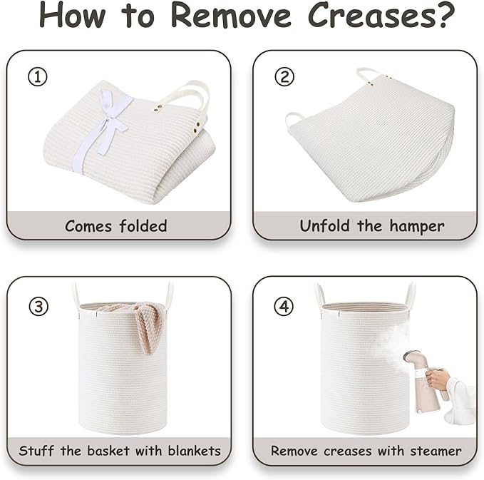 VIPOSCO Tall Laundry Basket, Large Dirty Clothes Hamper with Leather Handle, Woven Rope Storage Basket for Blanket, Toy In Living Room, Bathroom, Bedroom - 53L White