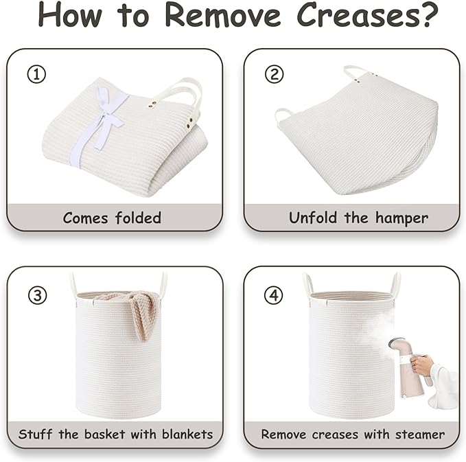 VIPOSCO Tall Laundry Basket, Large Dirty Clothes Hamper with Leather Handle, Woven Rope Storage Basket for Blanket, Toy In Living Room, Bathroom, Bedroom - 72L White