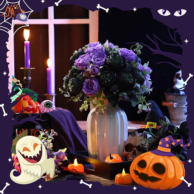 Geosar 8 Bundles Artificial Peonies Flowers Fake Silk Peony Bouquet Faux Peonies Flowers Bulk for Decoration Vase Florals Arrangements Wedding Party Table (Black,Purple)