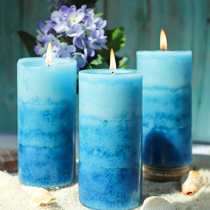 Pillar Candles Ocean Scented, Immeiscent Aromatherapy Candles, 60+ Hours Burn Long Lasting, Blue Mottled Layered Candles for Home Scented, SPA, Restaurant, Set of 3