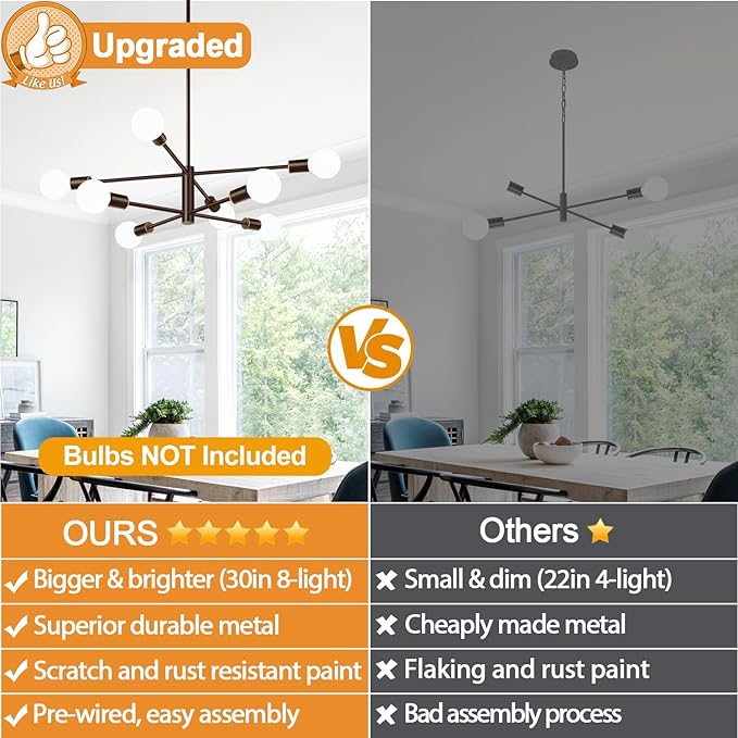 30" Modern Chandelier Ceiling Light Fixture, 8-Light Sputnik Chandeliers Brown and Gold Mid Century Chandelier Over Table, Height Adjustable Chandeliers for Dining Room Kitchen (Bulbs Not Included)