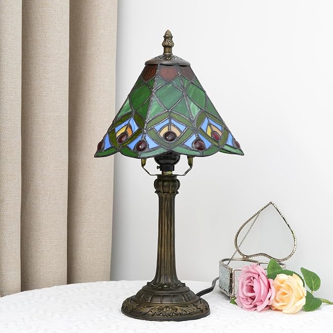 8 Inch Tiffany Style Stained Glass Table Lamp, Peacock Feather Pattern Retro Style Design, Suitable for Bedroom Bedside Lamp Office Study and Other Home Art Decoration (Green)