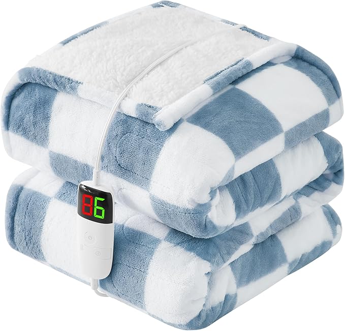 Heated Electric Blanketc Throw, 50X60 Heating Blanket with 10 Heat Levels & 8 Hours Auto Off for Lap, Misty Blue Checkered Plaid Soft Sherpa Blankets Warmer Gifts for Couch Grandma Women Adults, ETL