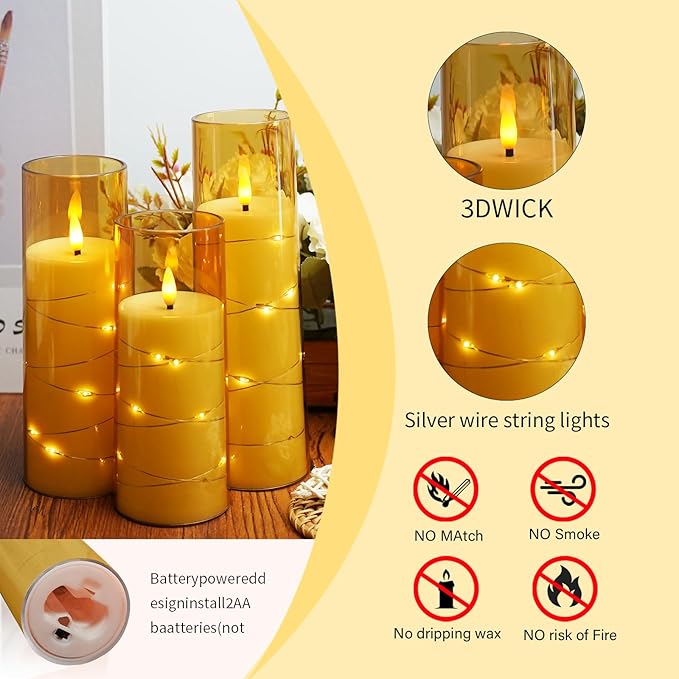 Flameless Candles,with Embedded Star String, Battery Operated Candles Flickering LED Pillar Candles with Remote Control and Timer, Home Decoration Add a Warm and Romantic Atmosphere，Set of 7 (Gold)