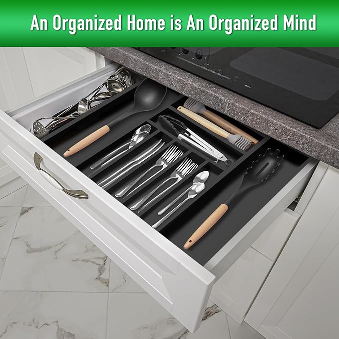 Expandable Utensil Organizer Silverware Organizer for Kitchen Adjustable Utensils Holder Bamboo Large Flatware Silverware Cutlery in Drawer (9 slot, Black