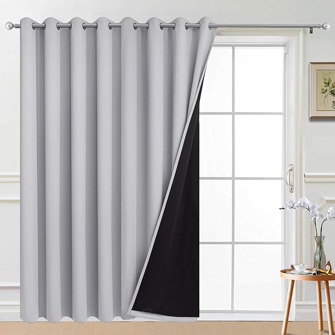 Yakamok Extra Wide 100% Blackout Curtains for Patio Door, Thermal Backing Sliding Glass Door Drape, Privacy Assured Window Treatment for Sliding Door Curtains, Light Grey, W100 x L96, 1 Panel