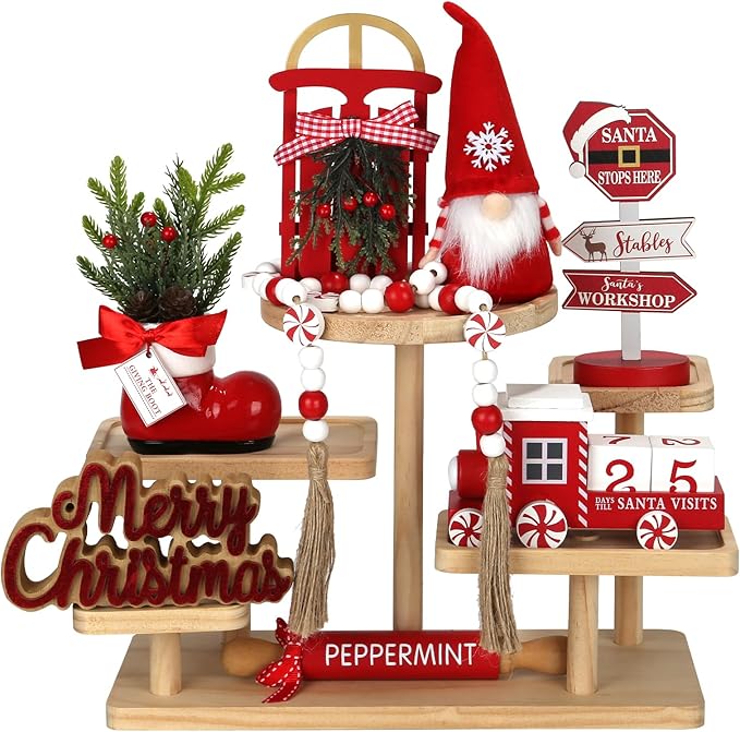 Christmas Tiered Tray Decor Set, 8 PCS Christmas Decorations for Home, Wooden Signs Farmhouse Table Centerpieces Winter Decorations for Shelf Mantel Fire Place Office Desk Kitchen Bedroom