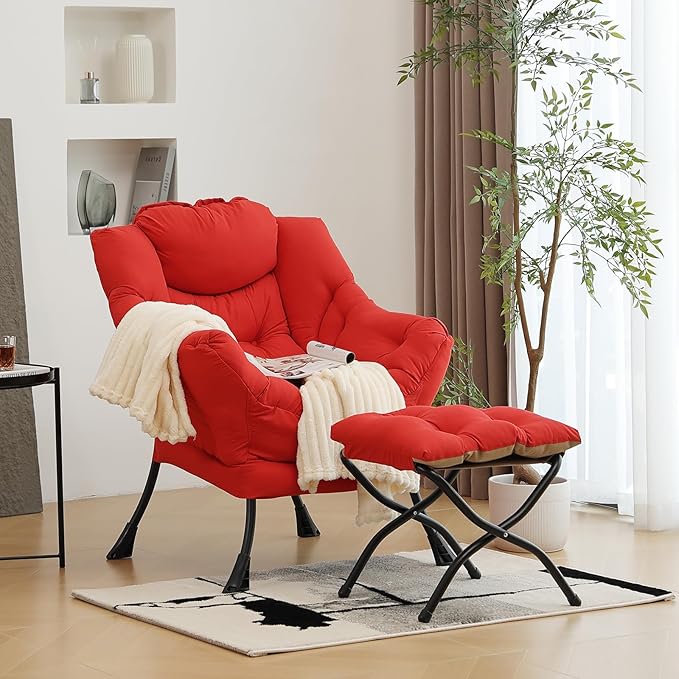 Modern Lazy Chair with Folding Footrest, Lounge Accent & Comfortable Reading Chair (Red)