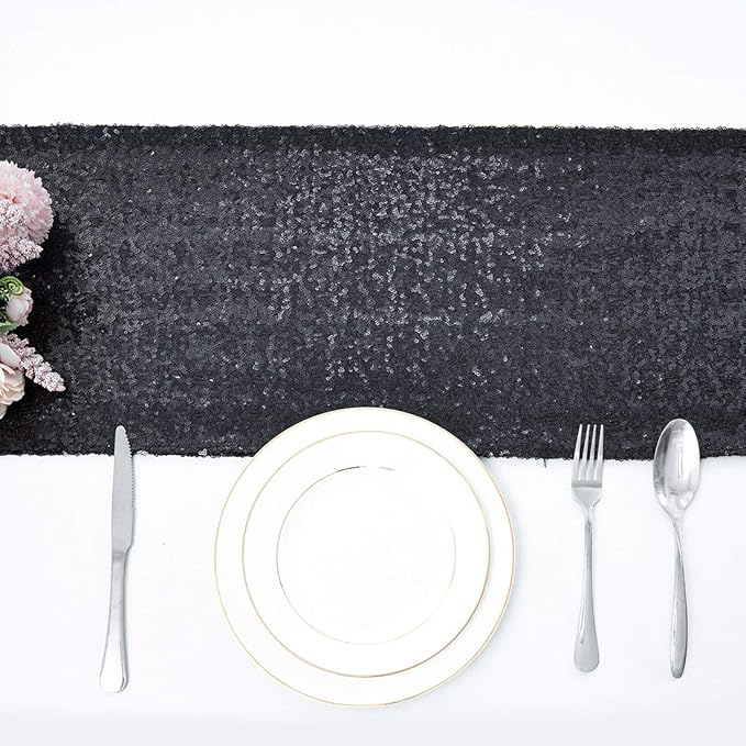 2 Packs 12 x 108 inches Black Sequin Table Runner, Glitter Black Table Runner for Wedding Birthday Bachelorette Holiday Party Supplies Decorations Bridal Shower Baby Shower