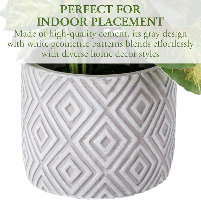MyGift Artificial Aglaonema Evergreen Leafy Plant, Green and Red Faux Leaves Potted in Gray Concrete Pot with White Diamond Pattern, Indoor Home Table Decor