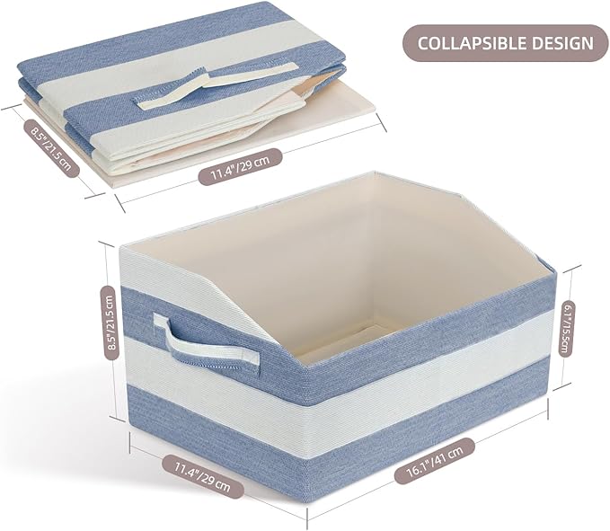 Linen Closet Organizers and Storage, Trapezoid Fabric Bins, Home Office Organization Baskets Striped Collapsible Box with Handles for Clothes, Blanket, Books, DVD, 4 Pack, Blue/White