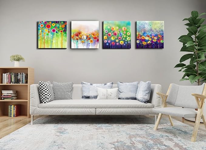 Colorful Flowers Canvas Wall Art, Floral Artwork Painting Prints ModernBathroom Pictures Framed for Living Room Bedroom Office Home Decor - 16"x16"x4 panel