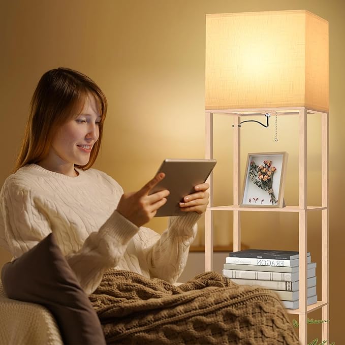 Dott Arts Floor Lamp with Shelves, Wide Floor Lamps for Living Room Display Shelf Lamps with 3 Color LED Bulb,Storage Wood Modern Floor Lamp for Bedroom Standing Lamp for Living Room Office（Burlywood）