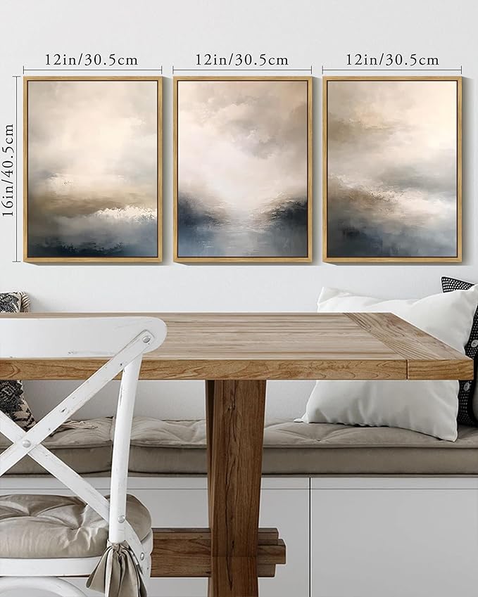 KUVIOKE Boho Abstract Wall Art Framed Minimalist Beige Gray Prints Watercolor Neutral Rustic Artwork Hallway Bedroom Living Room Decor 12x16in (Natural Framed)