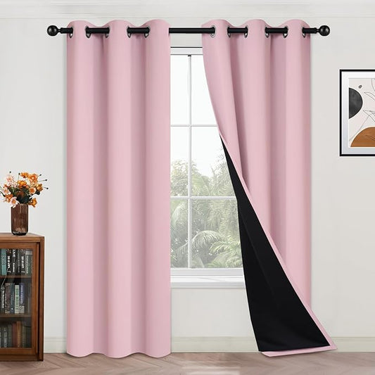 Yakamok Full Blackout Curtains 84 Inches Long,Blackout Curtain Panels for Bedroom, 2 Thick Layers Grommet Top Thermal Insulated Drapes with Black Liner for Living Room(Pink, Set of 2)