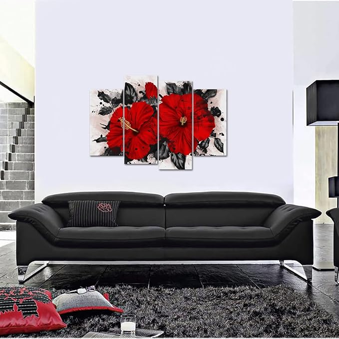 RnnJoile Hibiscus Wall Art Red Flower Canvas Wall Decor Tropical Hawaiian Painting Pictures for Bathroom Living Room Decor Framed