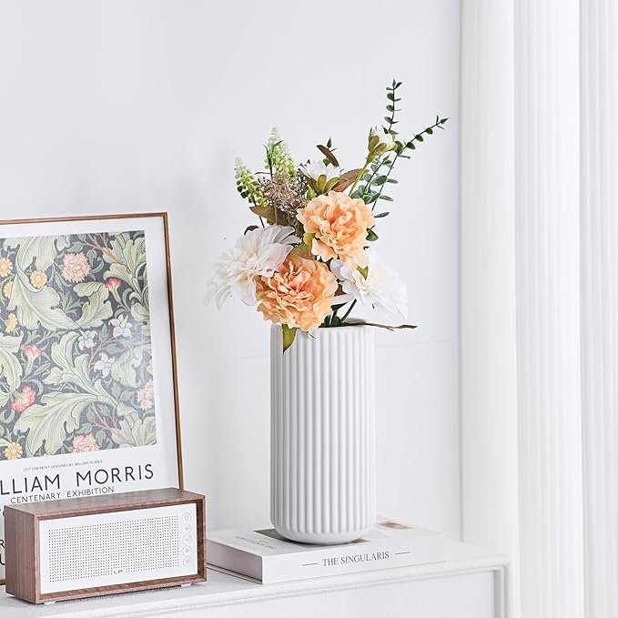 White Ceramic Flower Vase for Pampas Grass, 10 inch Large Decorative Centerpiece Ribbed Vase for Dining Table, Office Desktop, Shelf Bookshelf, Mantel, Entryway, Bathroom, Countertop, Farmhouse, Gift