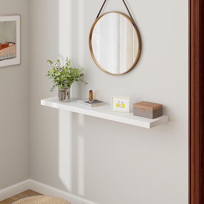 Fun Memories White Floating Shelves 48 Inch Long, Wood Wall Shelves 48x9.3x1.5, 9.3 Inch Deep Floating Shelf for Wall, Large White Shelves for Home Decor & Storage