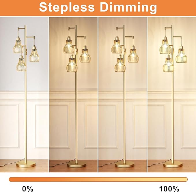 Dimmable Gold Floor Lamps for Living Room, 70" Farmhouse Tree Standing Tall Lamps with 3 Elegant Cage Shade & 800 Lumens LED Bulbs for Bedroom Office