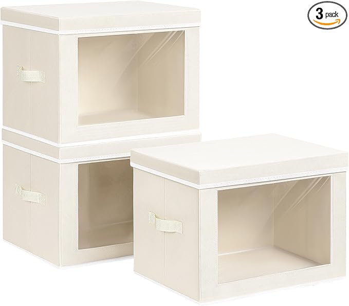 Large Storage Baskets Bins with Lids - Stackable Cube Bins for Closet, 3 Pack Beige Windows Organizer Bins, Home Organizers and Storage for Clothes, CD, Towels
