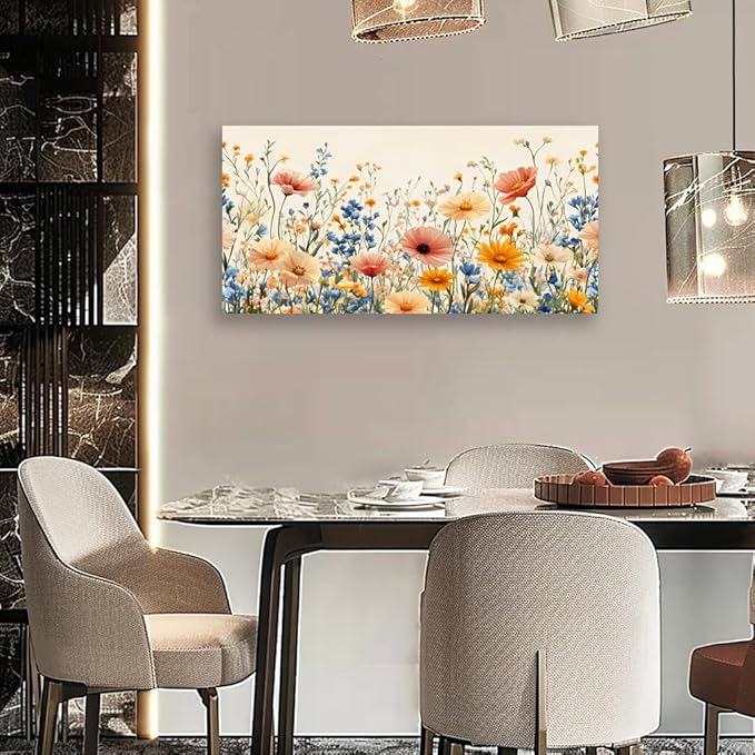 KZKU Floral Canvas Wall Art Wildflower Garden Print 20x40 inches Pink Yellow Blue Watercolor style Flower Picture for Bedroom Living Room Artwork Home Wall Decoration