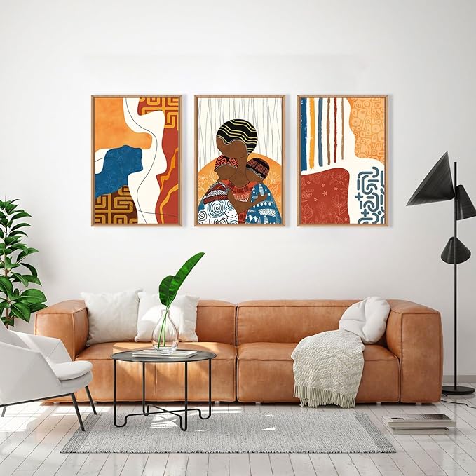 HOURIA Large Boho Black Woman Children Framed Canvas Wall Art Set,Colorful African American Wall Decor,Geometric Line Artwork,Abstract Ethnic Minimalist Murals Print for Bedroom,Farmhouse- 16"x24"x3